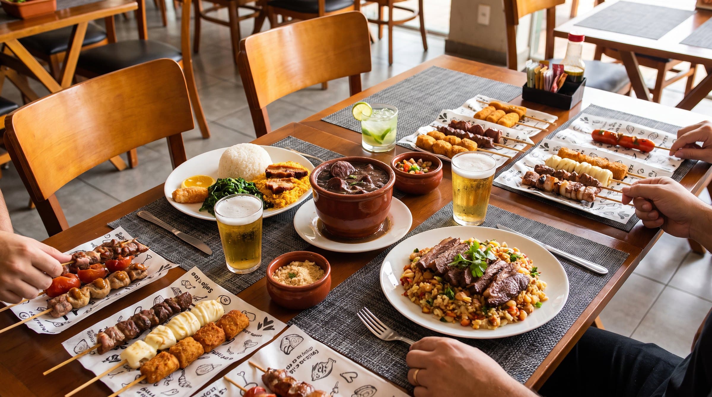Mesa cheia com feijoada, baião de dois com contra filé, espetos, vinagrete e chopp gelado